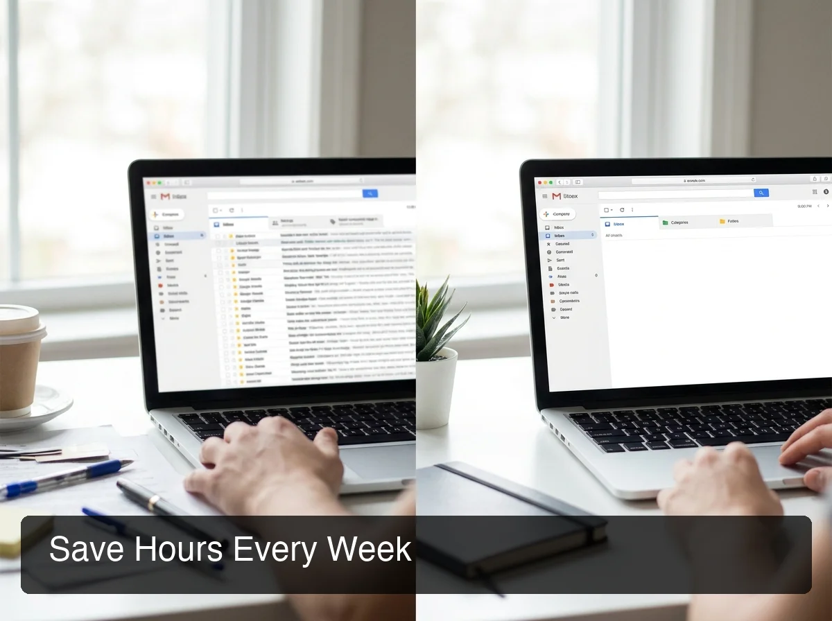 BossAI email automation time savings comparing cluttered inbox versus organized workflow