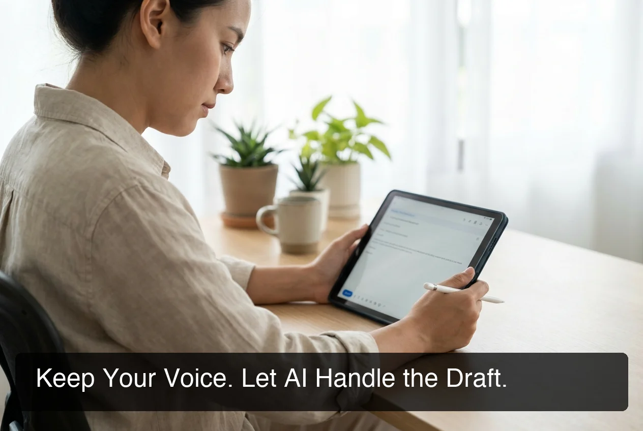 BossAI professional email ai tone matching with rewrite feature on tablet