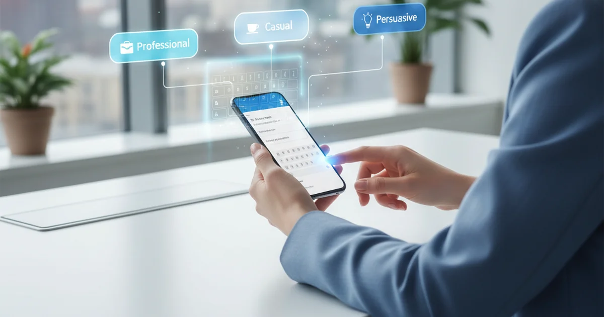 Professional using AI-powered keyboard to compose an email with tone selection options displayed on screen