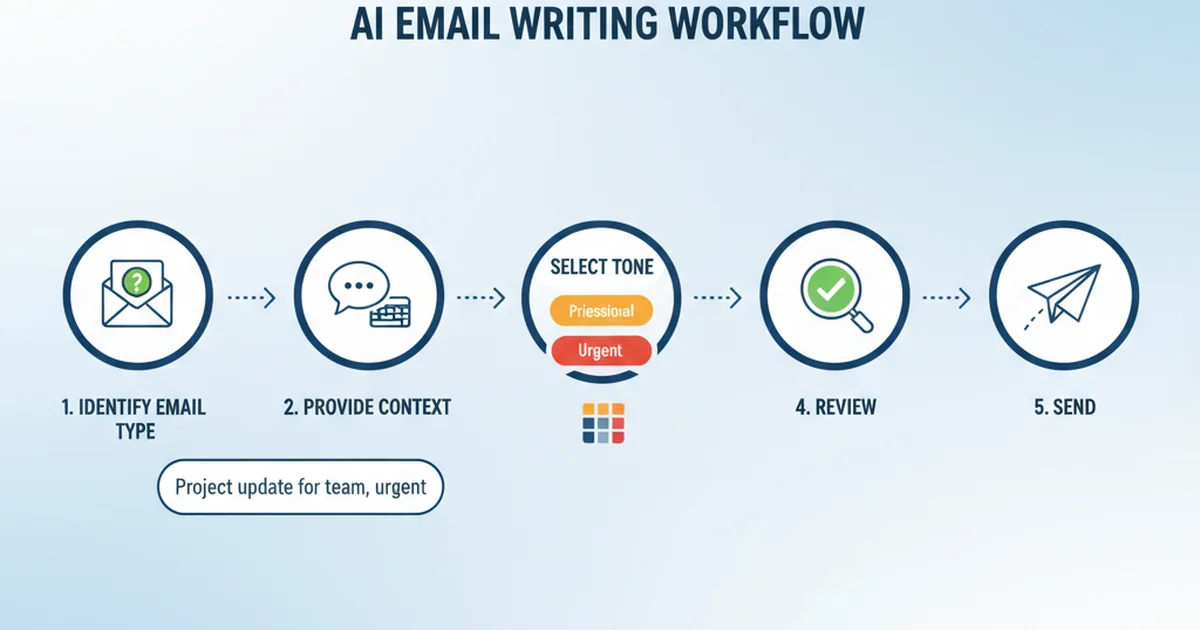 Five-step AI email writing workflow: identify type, provide context, select tone, review, and send