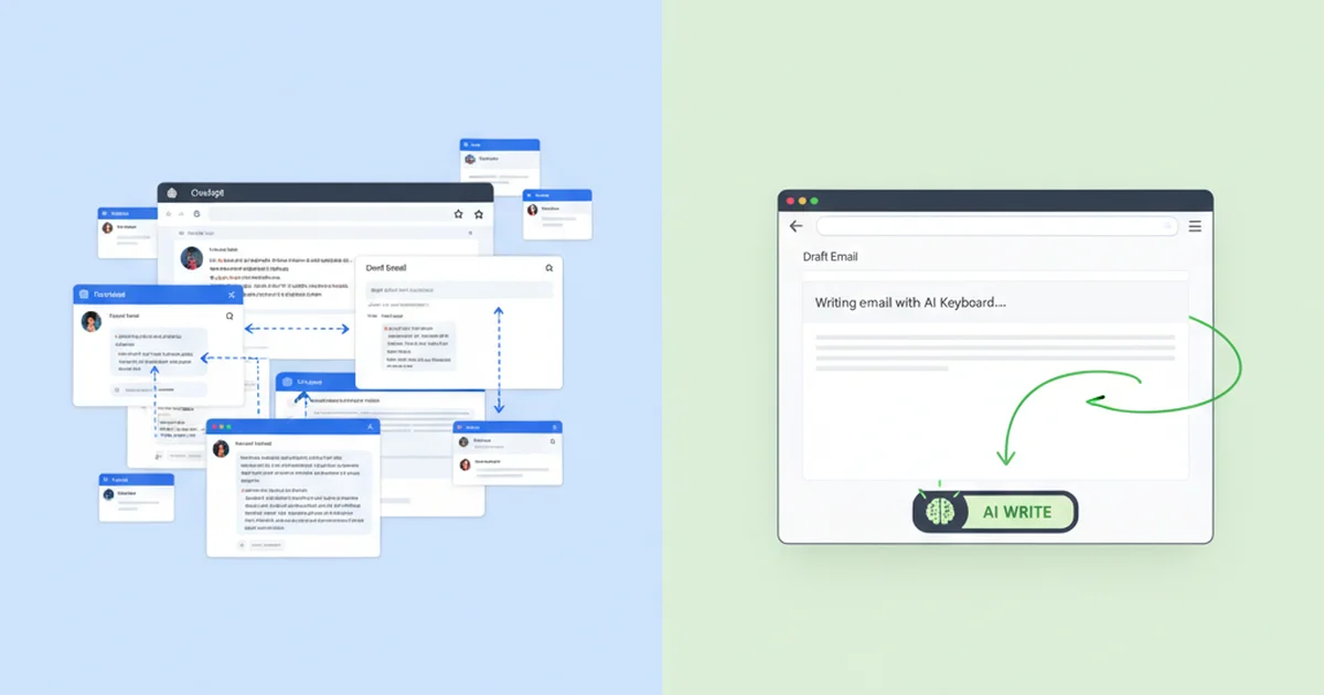 Comparison of standalone AI email tools requiring copy-paste versus integrated keyboard-based AI email writing