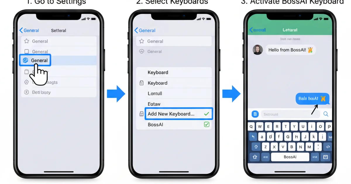 Step-by-step visual guide for installing and activating an AI keyboard app on iOS showing settings menu and keyboard selection