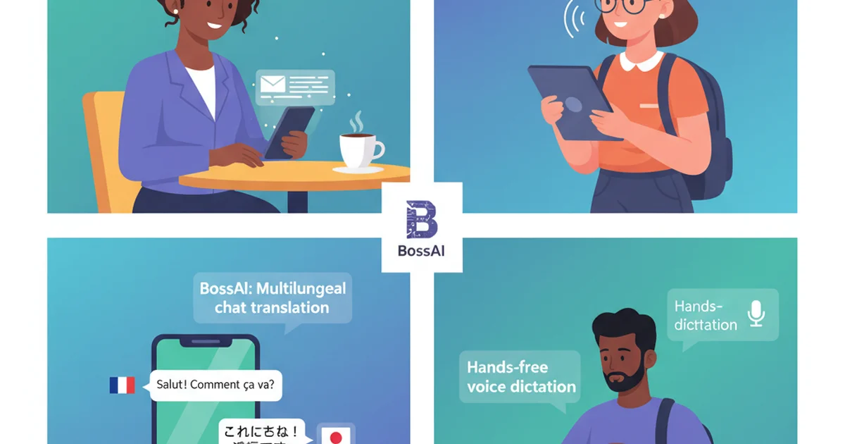 Illustration of AI keyboard app use cases including email writing, voice note-taking, multilingual messaging, and hands-free dictation