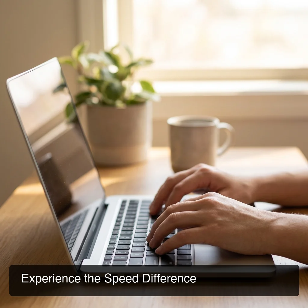 Person typing on Mac laptop in home office with AI keyboard active in menu bar