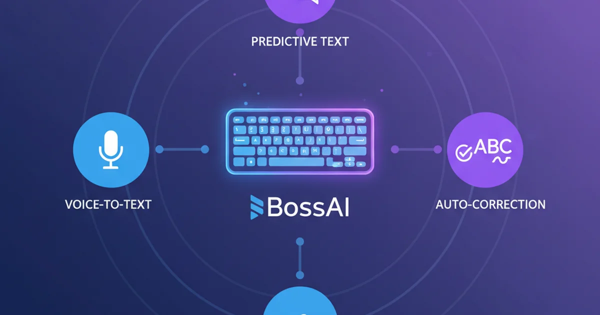 Feature showcase diagram highlighting voice-to-text, predictive text, tone changing, and auto-correction
