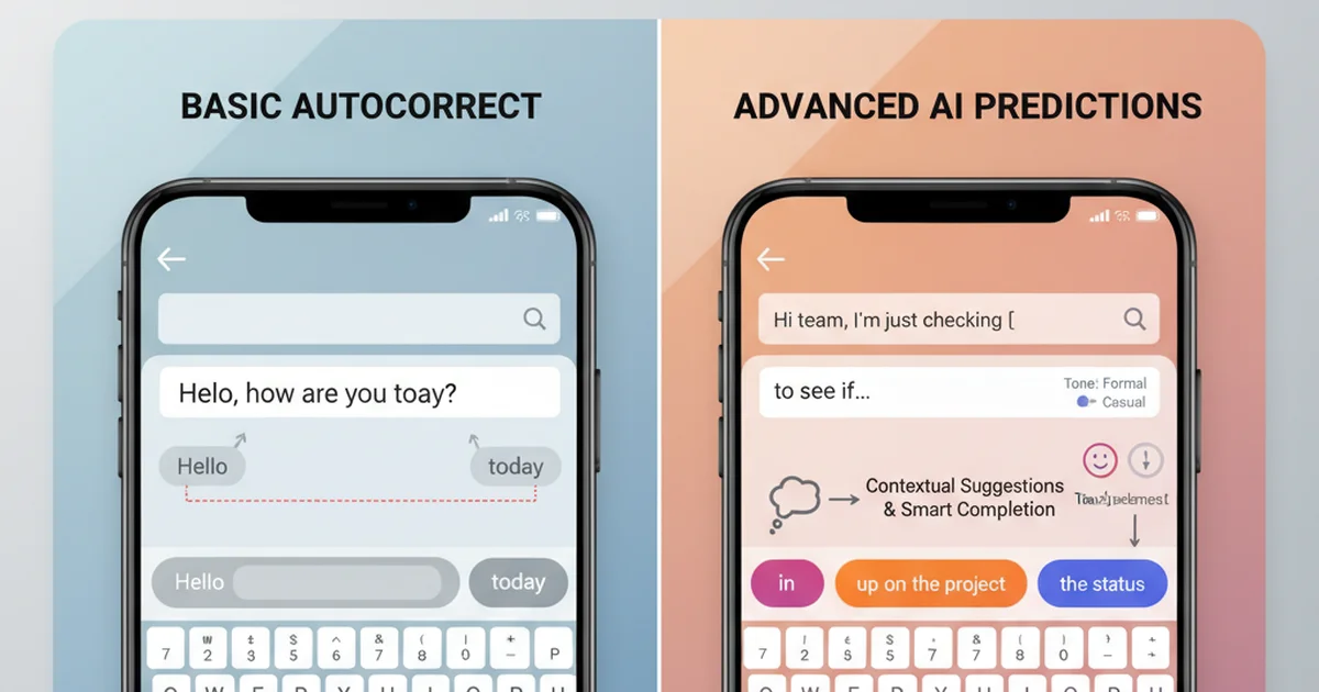 Comparison showing AI autocorrect, predictive text, and smart suggestions in action