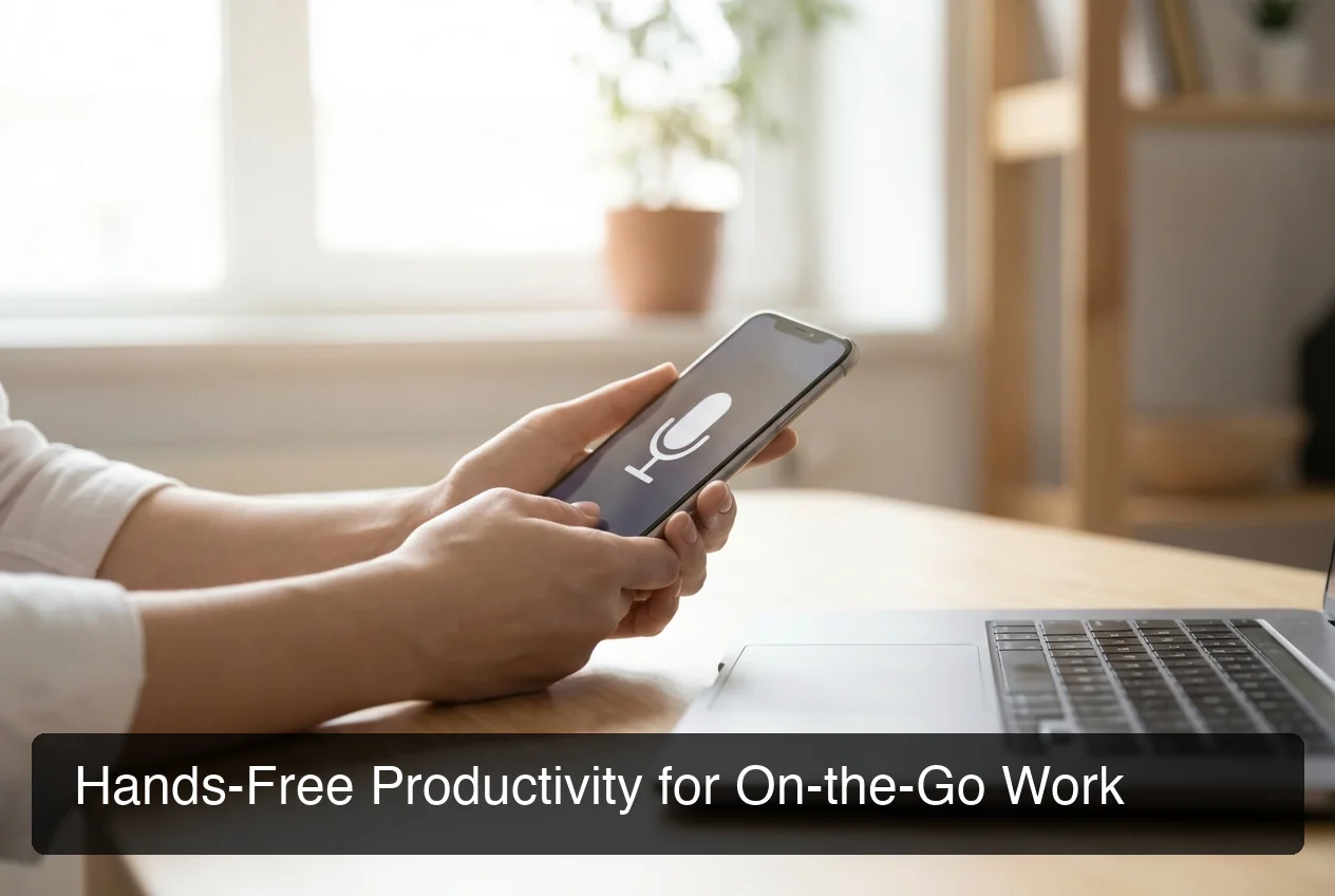 Person using smartphone with microphone icon visible, hands relaxed away from keyboard, modern office setting