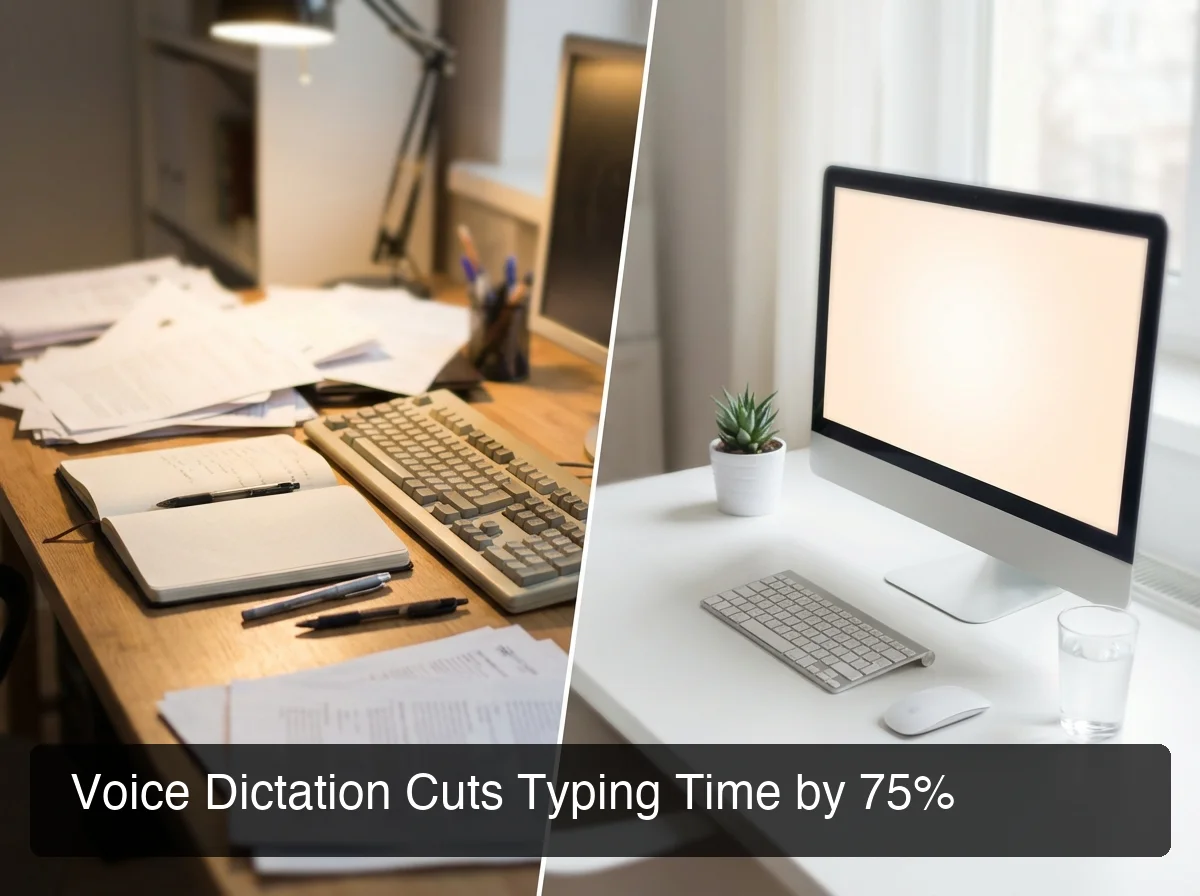 Split screen showing traditional desk work on left transitioning to streamlined digital workspace on right, warm lighting