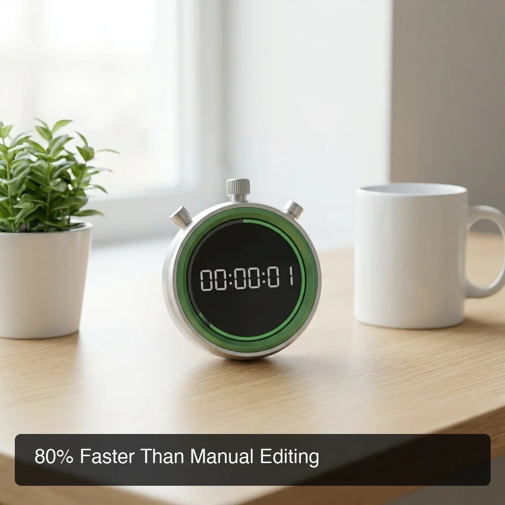 BossAI editing speed and efficiency — stopwatch visual representing 80% reduction in text editing time
