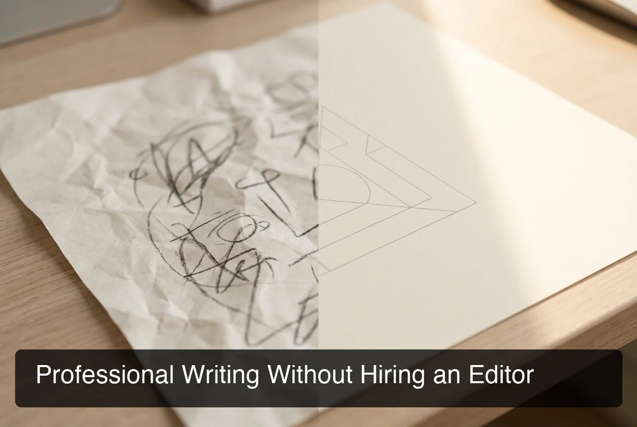 Before and after text comparison showing transformation from rough draft to polished professional writing