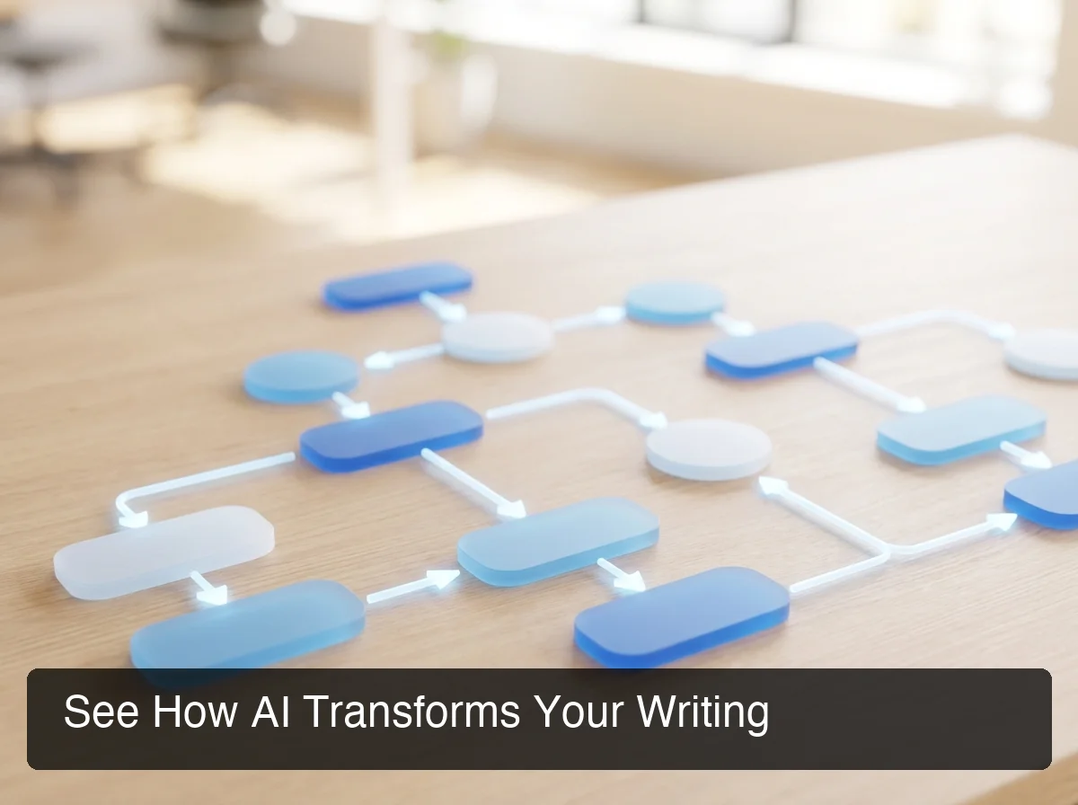 Abstract flowchart visualization showing the AI text rewriting transformation process with blue and white arrows