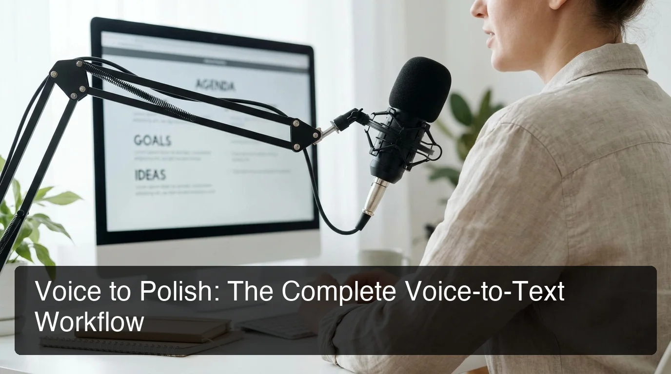 BossAI ai voice tone adjustment showing person speaking into microphone with polished text appearing on screen in a home office