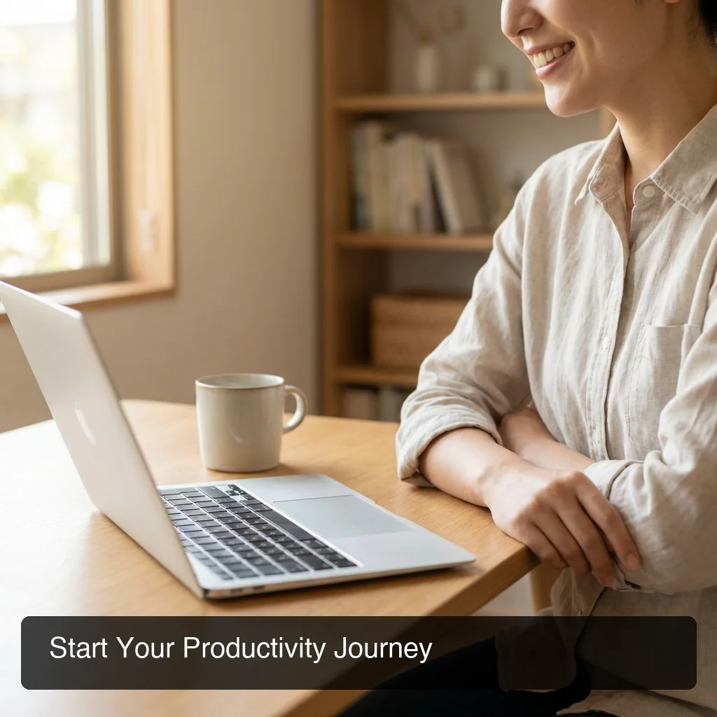 BossAI smart keyboard productivity - smiling professional at home office desk with laptop, natural workspace