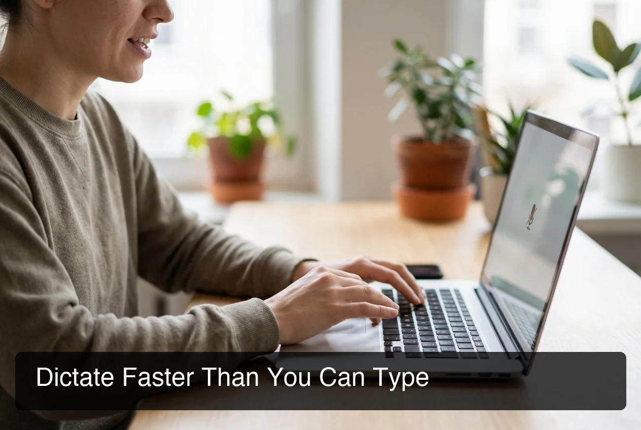 BossAI voice typing for productivity - person dictating on laptop with microphone, modern tech aesthetic