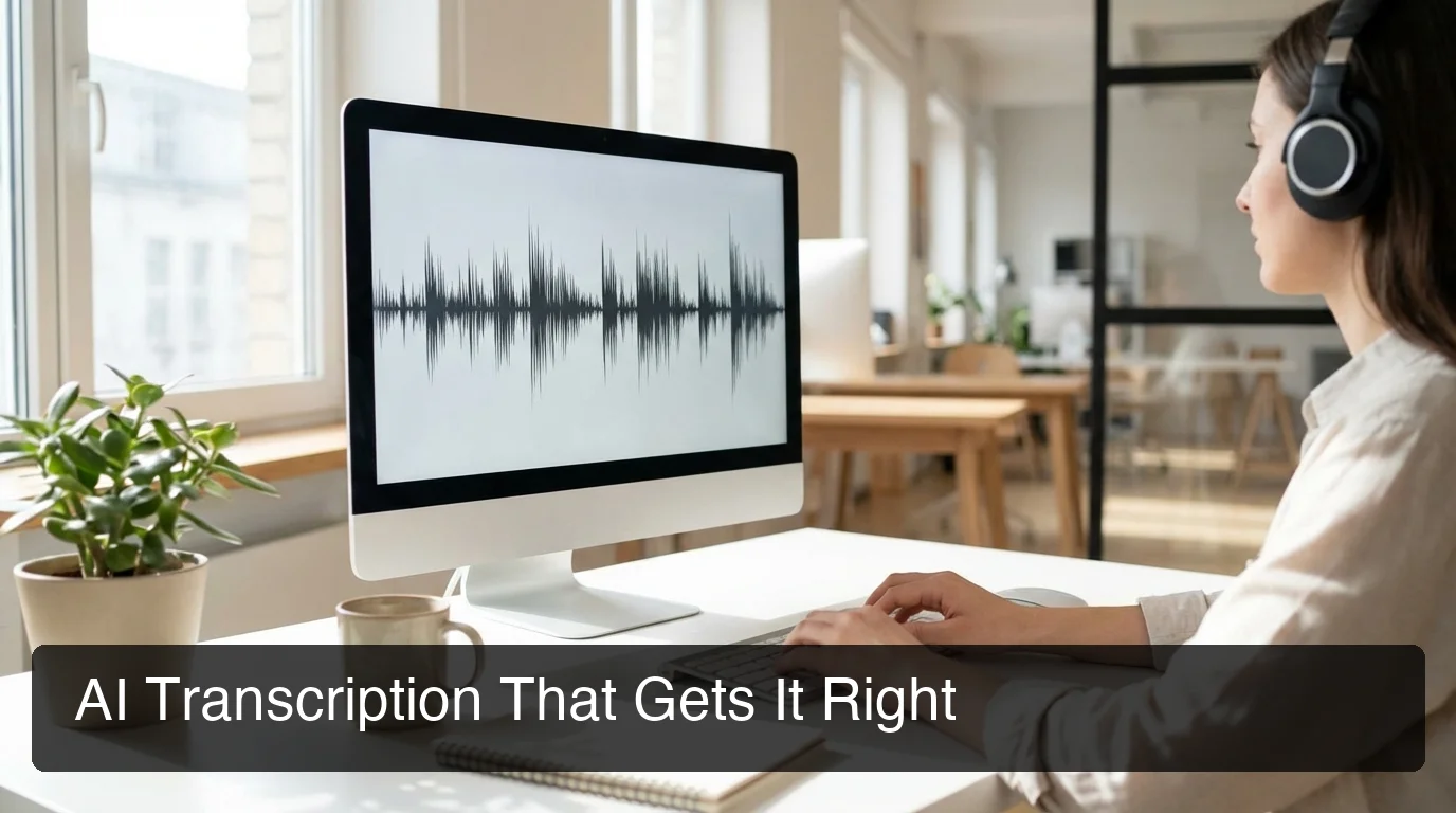 Modern office workspace with person wearing headphones at desk with computer showing audio waveform, natural daylight from window, minimalist aesthetic
