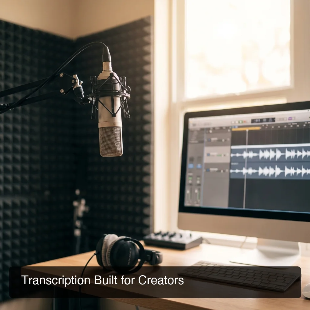 Podcast recording studio setup with microphone, soundproofing panels, computer with wave editor, warm professional lighting
