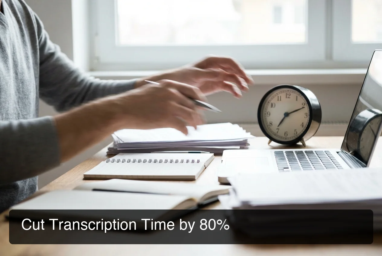 Busy professional at desk with multiple documents, clock showing passage of time, dynamic productivity scene with motion blur