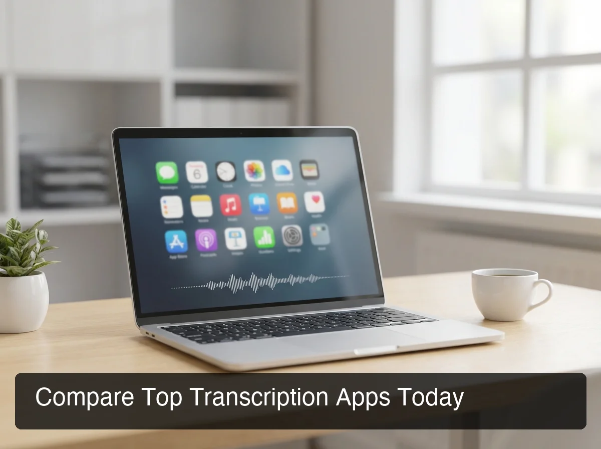 Laptop screen showing speech-to-text interface with multiple app icons displayed, clean desk setup with coffee cup, professional environment