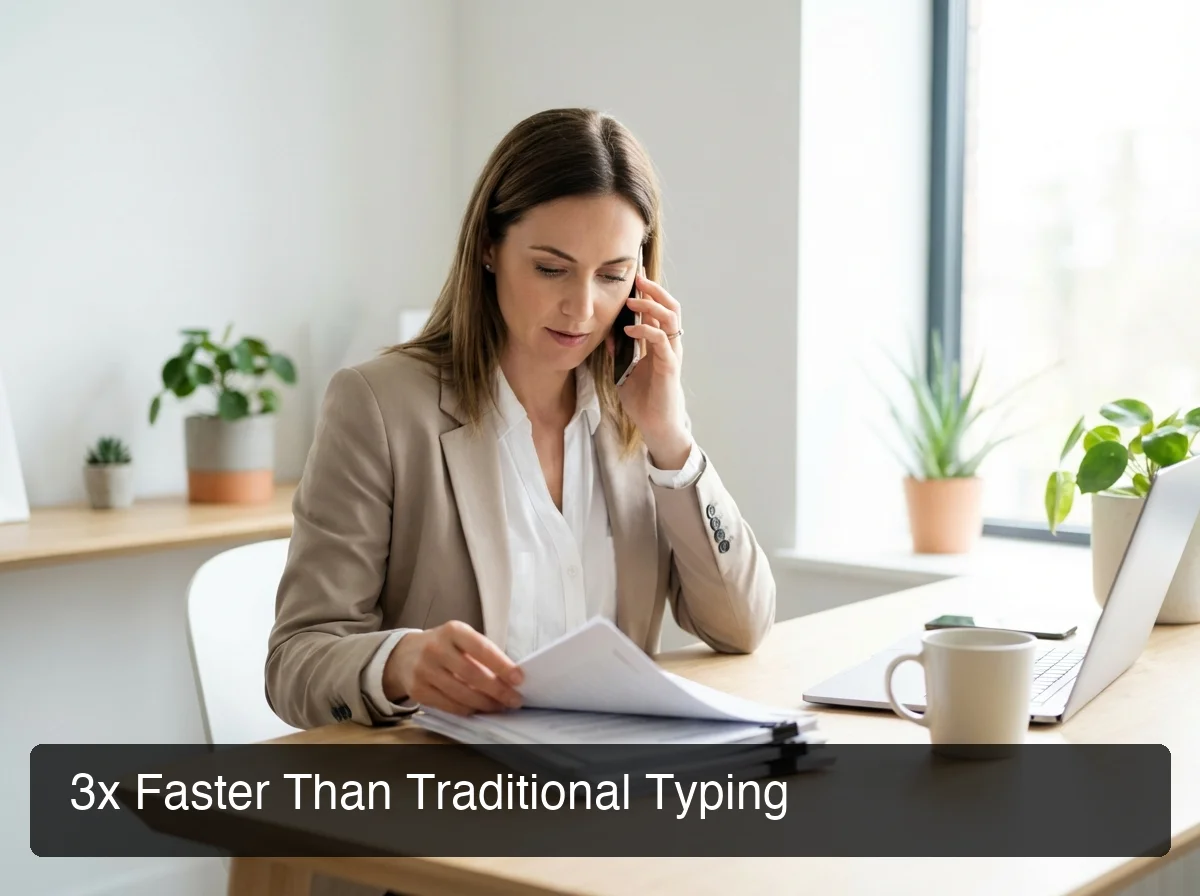 Professional using AI voice to text for hands-free composition at a clean minimal desktop workspace