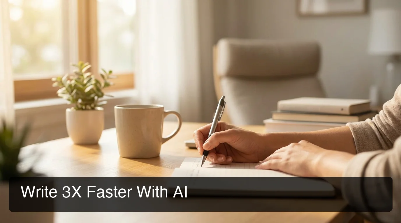 BossAI AI content writer showing productivity gains — person writing confidently at desk with warm lighting