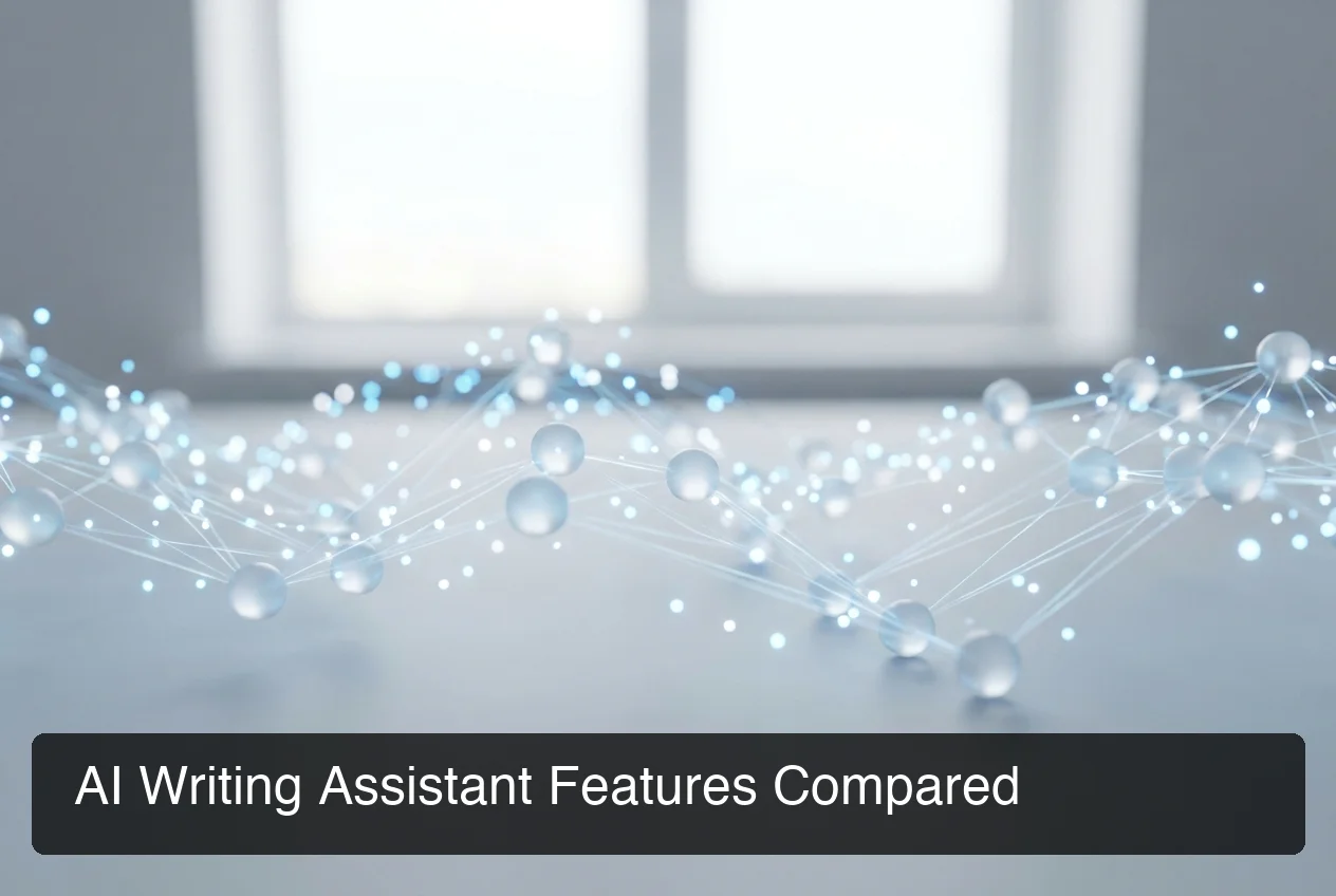 AI writing tool feature comparison visualization with flowing data streams and connected nodes