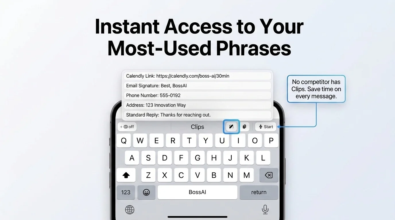 BossAI Clips feature showing a saved link added to the clips tray and pasted into a message with one tap