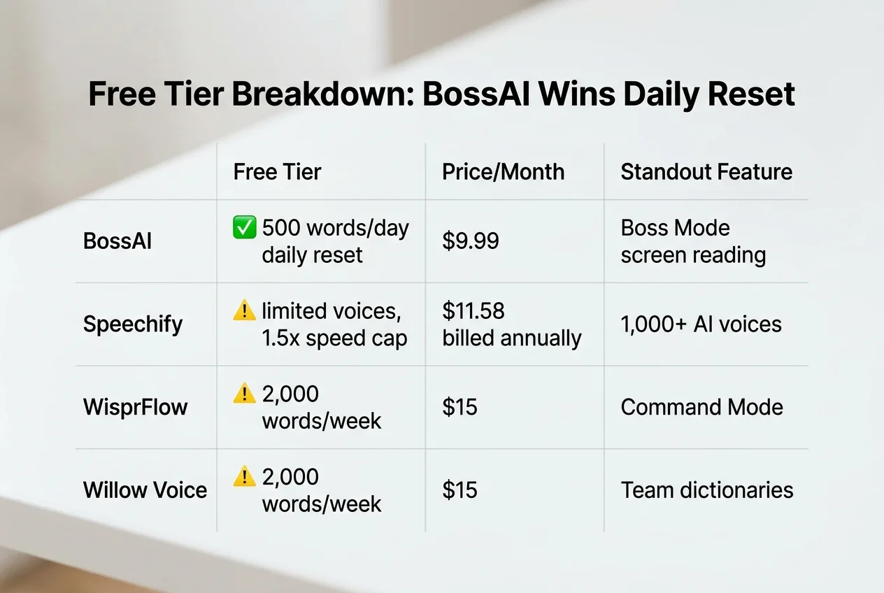 Free dictation apps word cap and pricing comparison chart for BossAI, WisprFlow, Willow Voice, and Typeless
