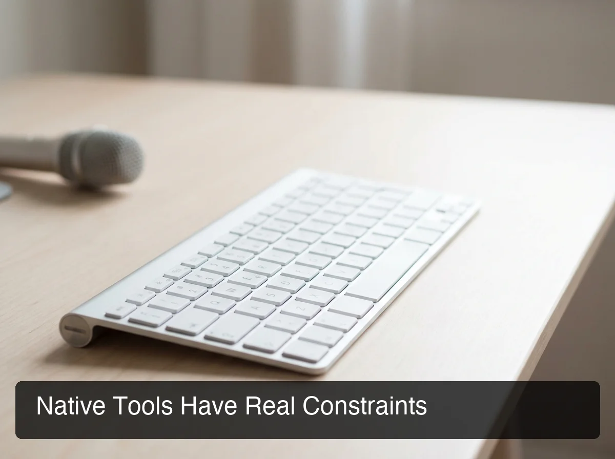 Apple Mac keyboard highlighting the limitations of built-in dictation tools