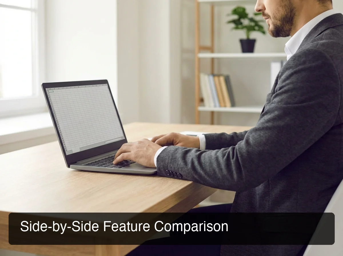 Professional desktop workspace with laptop showing a voice dictation feature comparison spreadsheet, minimalist design, productivity-focused aesthetic