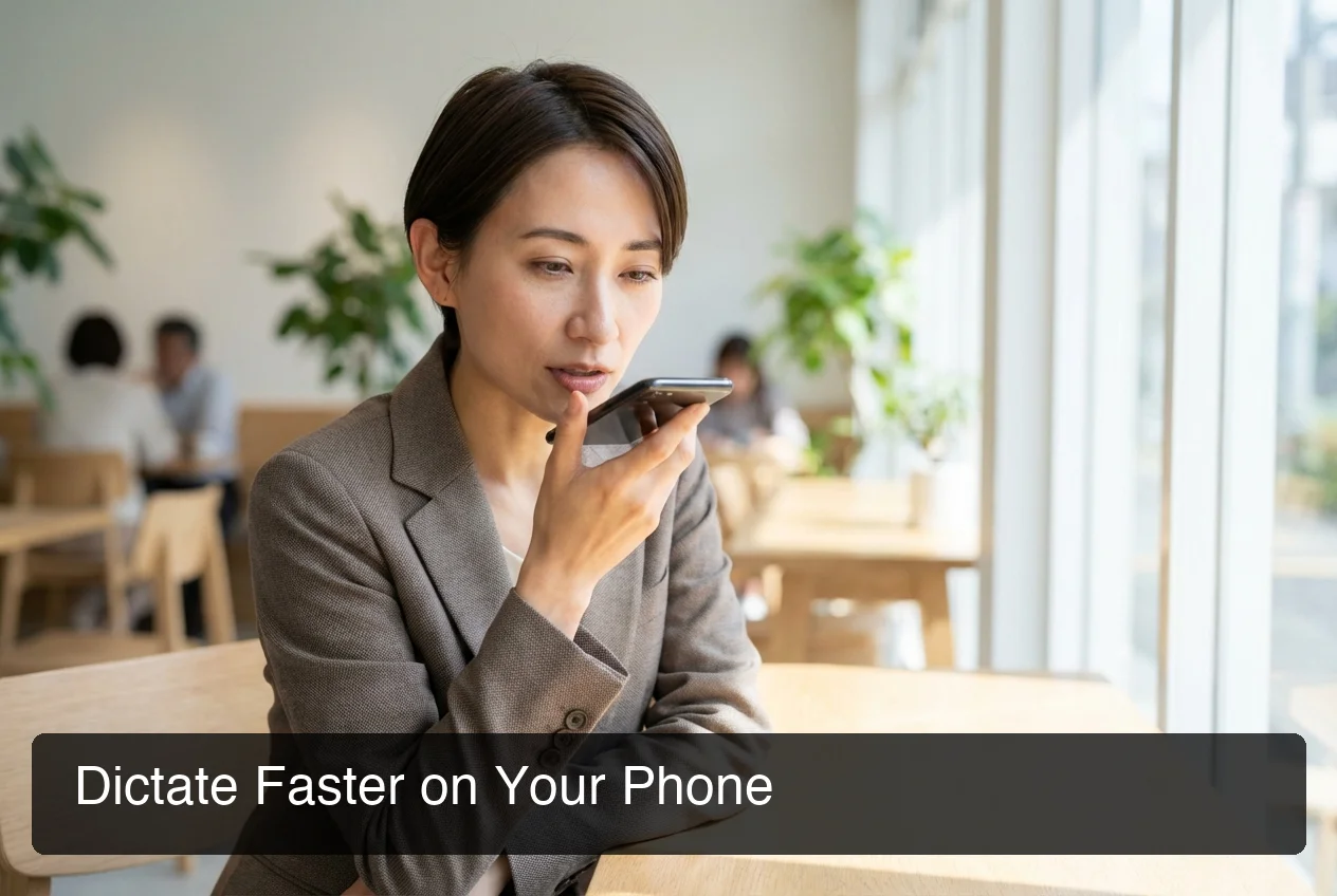 Person using smartphone for voice dictation in a professional office setting, natural lighting, focused expression showing concentration