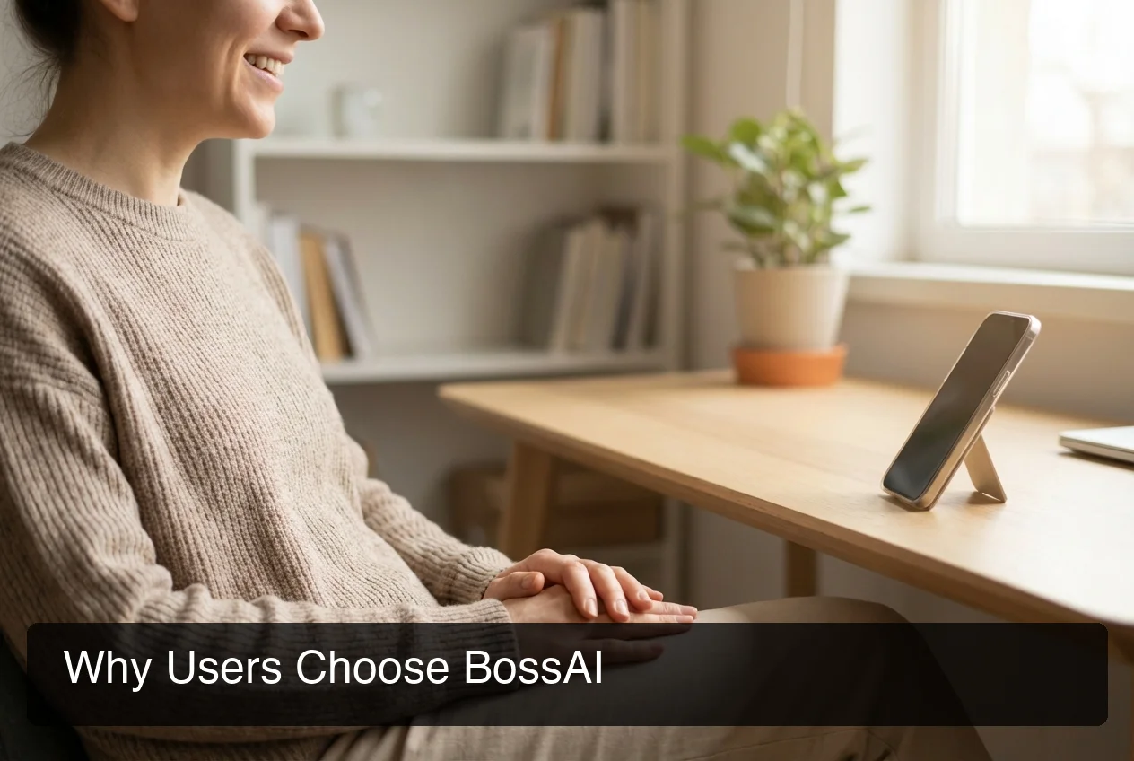 BossAI user on Mac and iPhone using hands-free voice dictation, casual home office setting