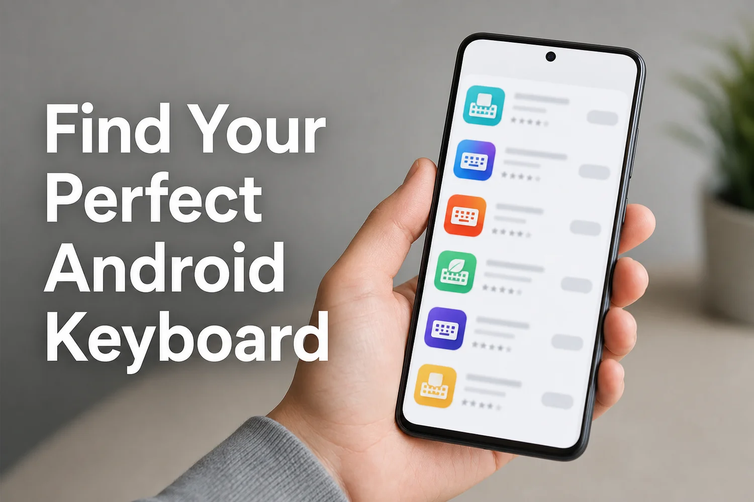 Hand holding an Android phone showing a keyboard app for Android in an app store listing