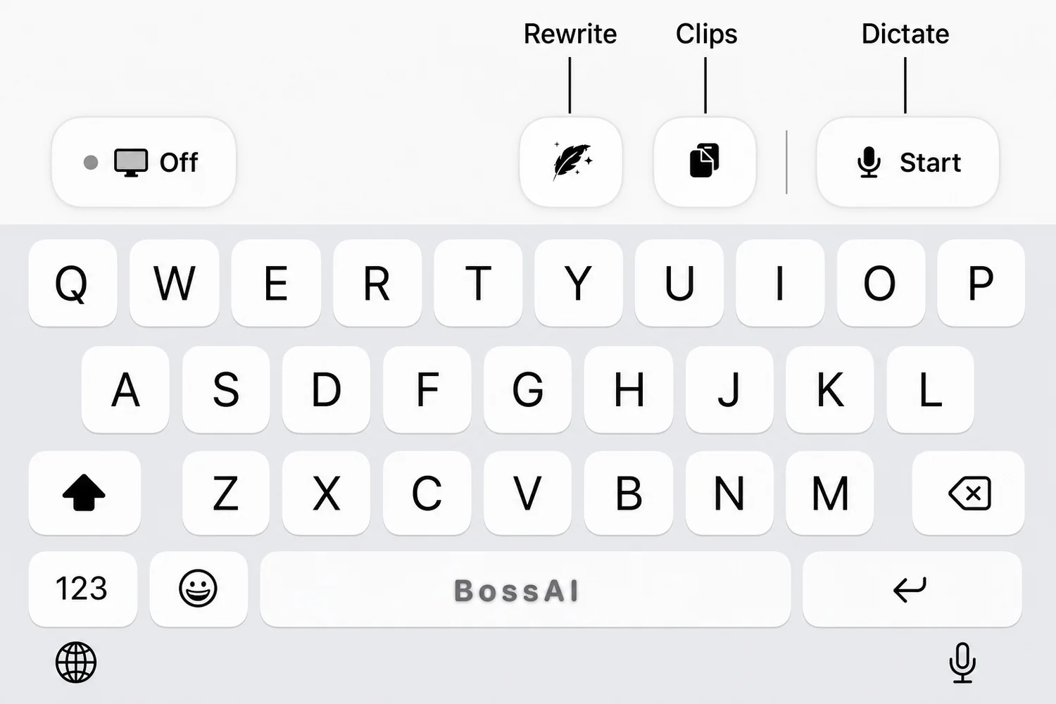 BossAI keyboard toolbar labelled Rewrite, Clips and Dictate above the QWERTY layout