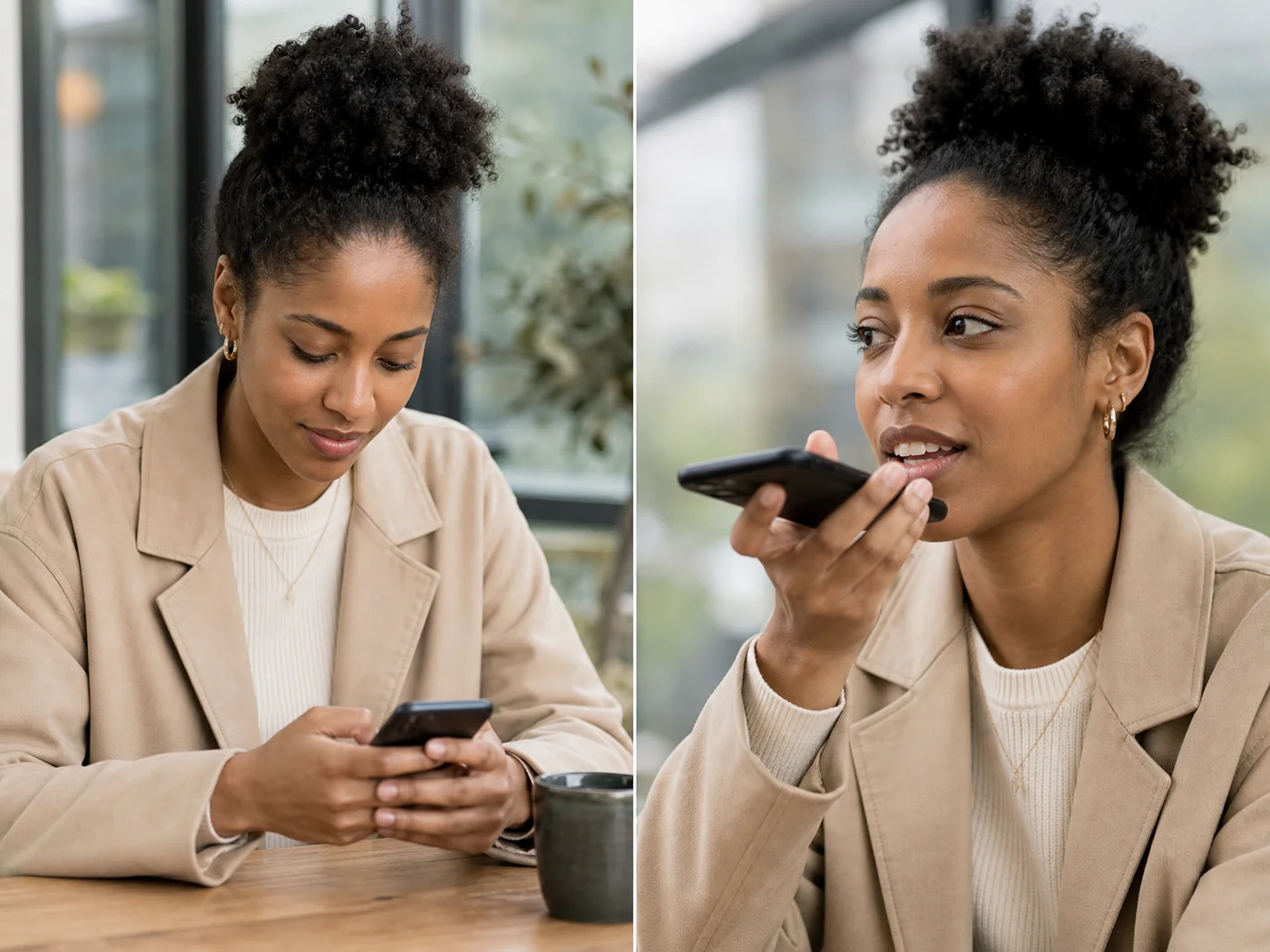 Split image of a person typing on a phone by hand and then speaking into it, comparing voice typing with manual typing on a keyboard for Android