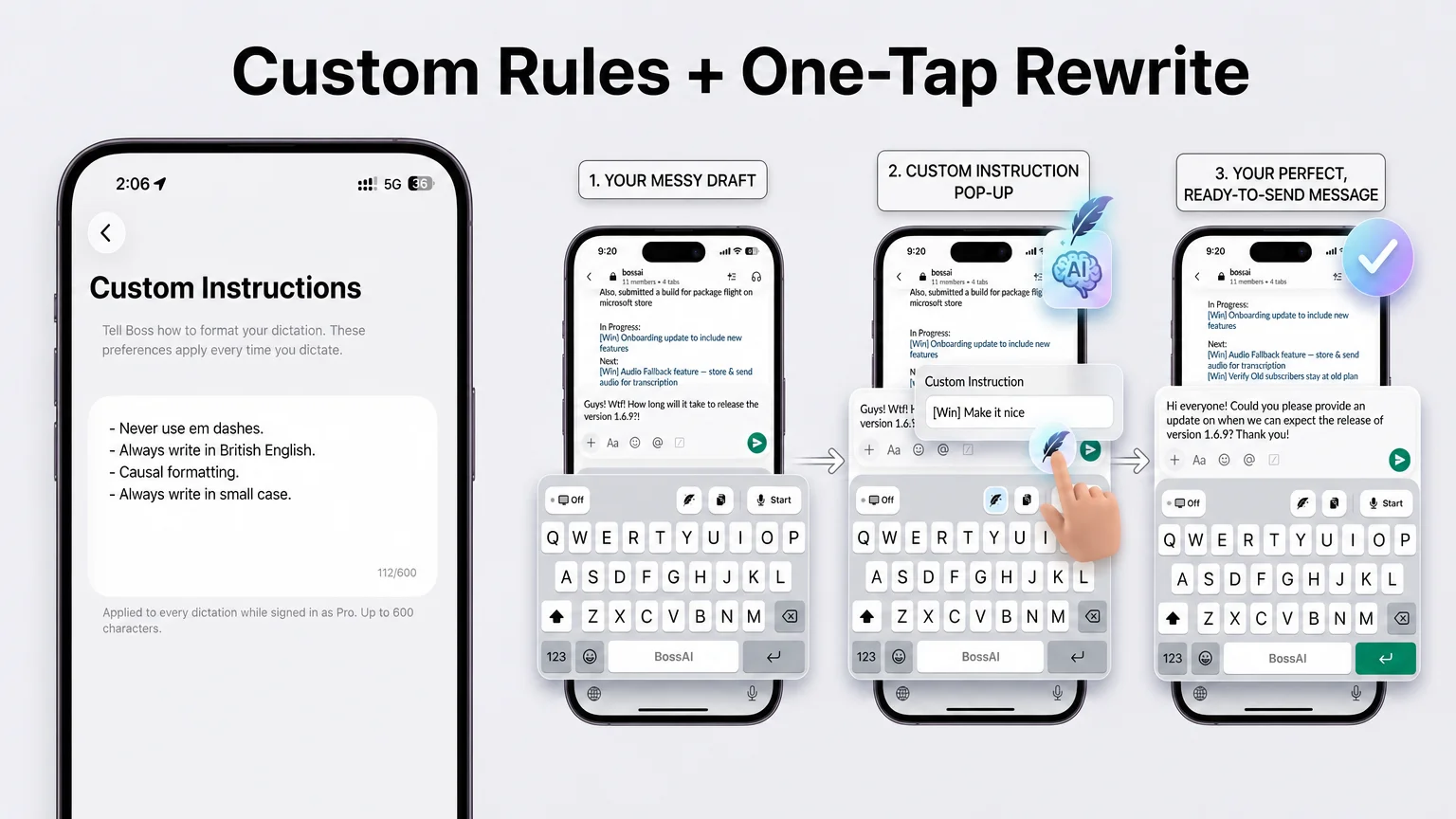 BossAI custom instructions screen with formatting rules next to the one-tap rewrite workflow, useful for voice dictation for writers