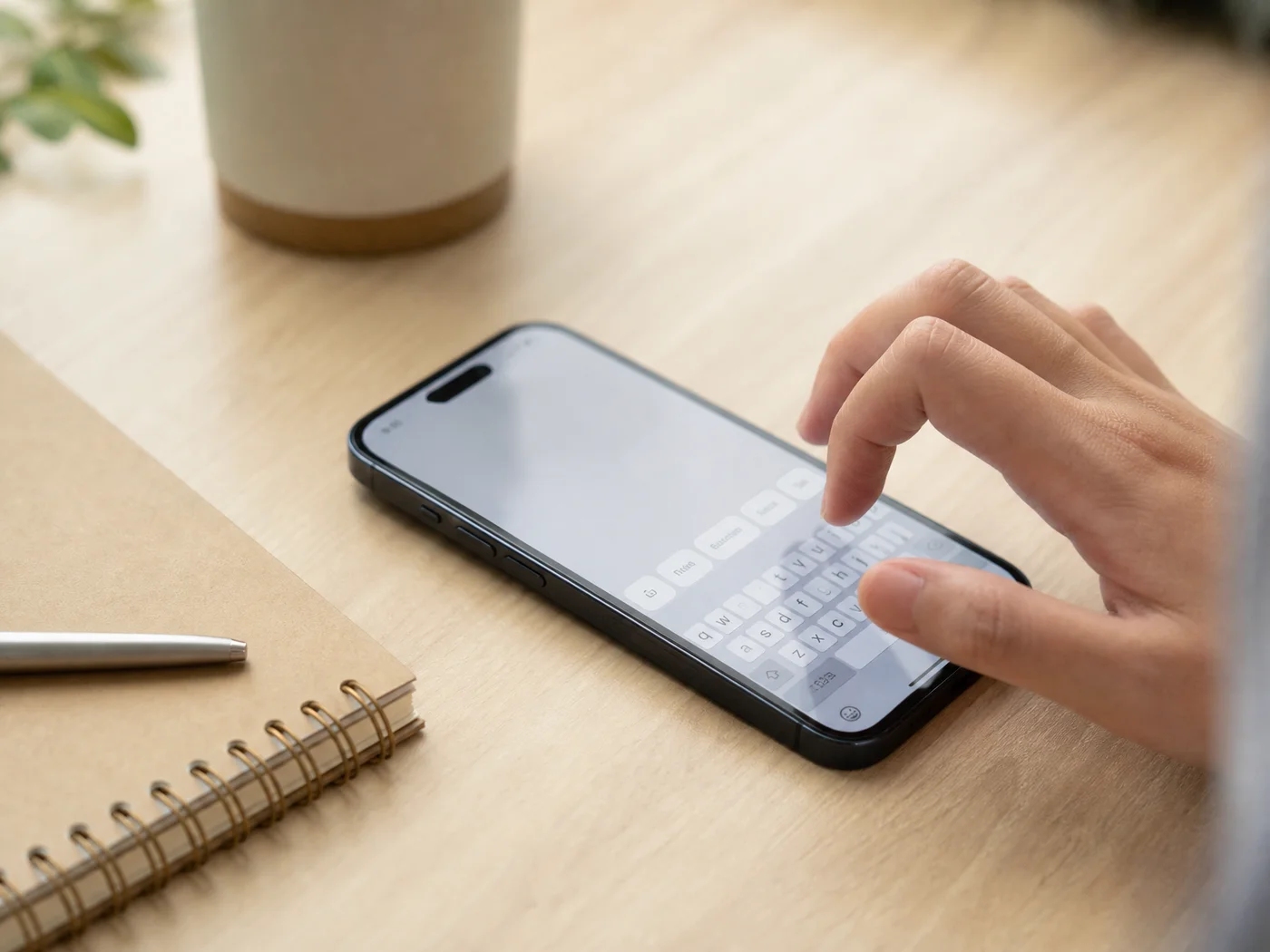 Writer's phone on a desk beside a notebook, illustrating a custom dictionary and clips workflow for dictation software for novelists