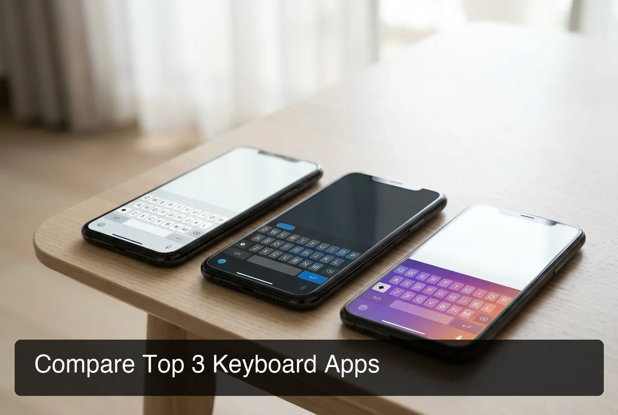 iOS keyboard features comparison showing three smartphone screens side by side with different keyboard apps