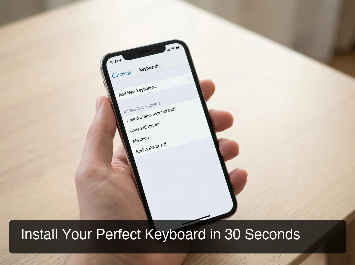 iOS Settings screen showing step-by-step third-party keyboard installation process on iPhone