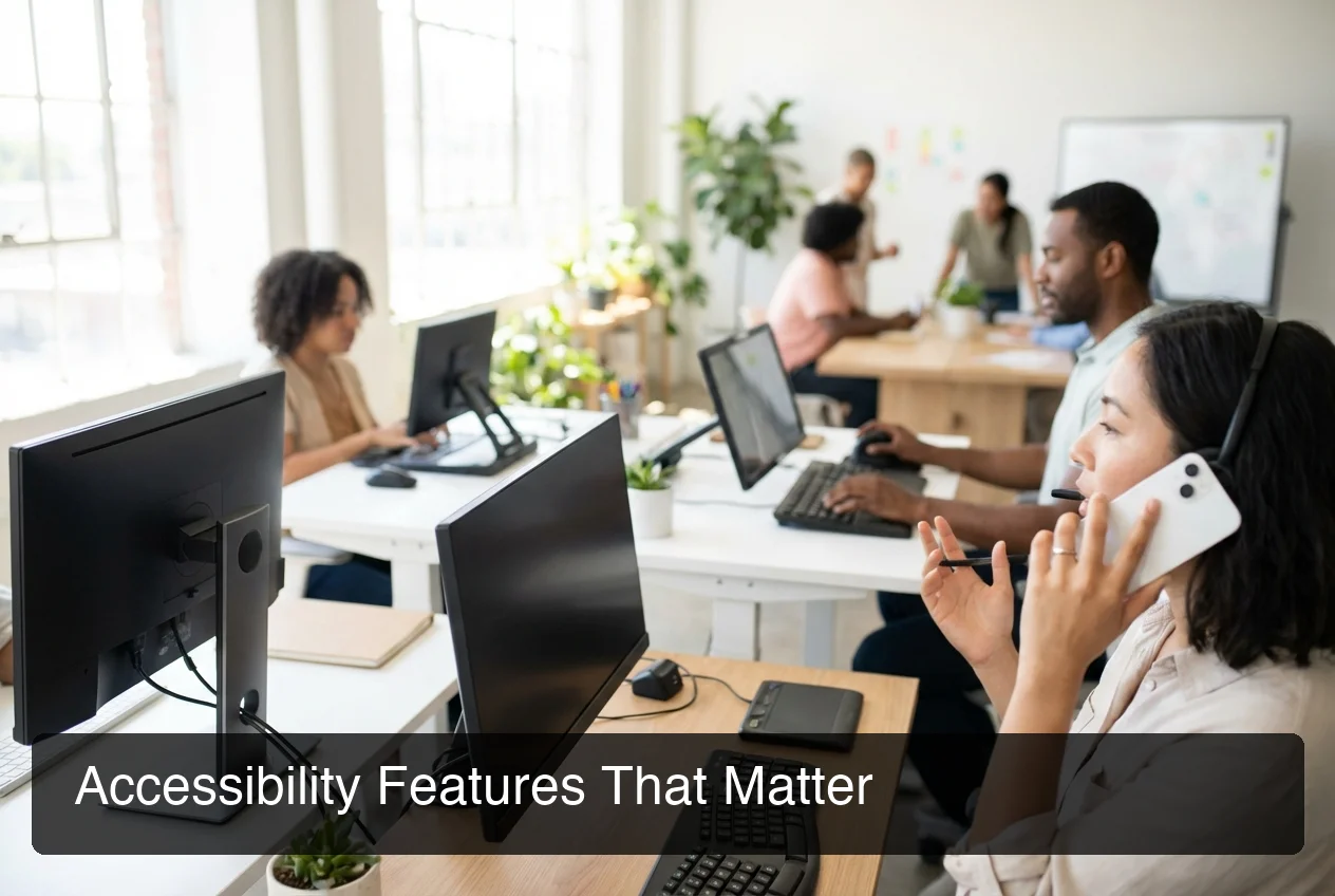 Accessibility features visualization - voice commands, one-handed typing, eye-tracking interface icons, diverse accessibility representation