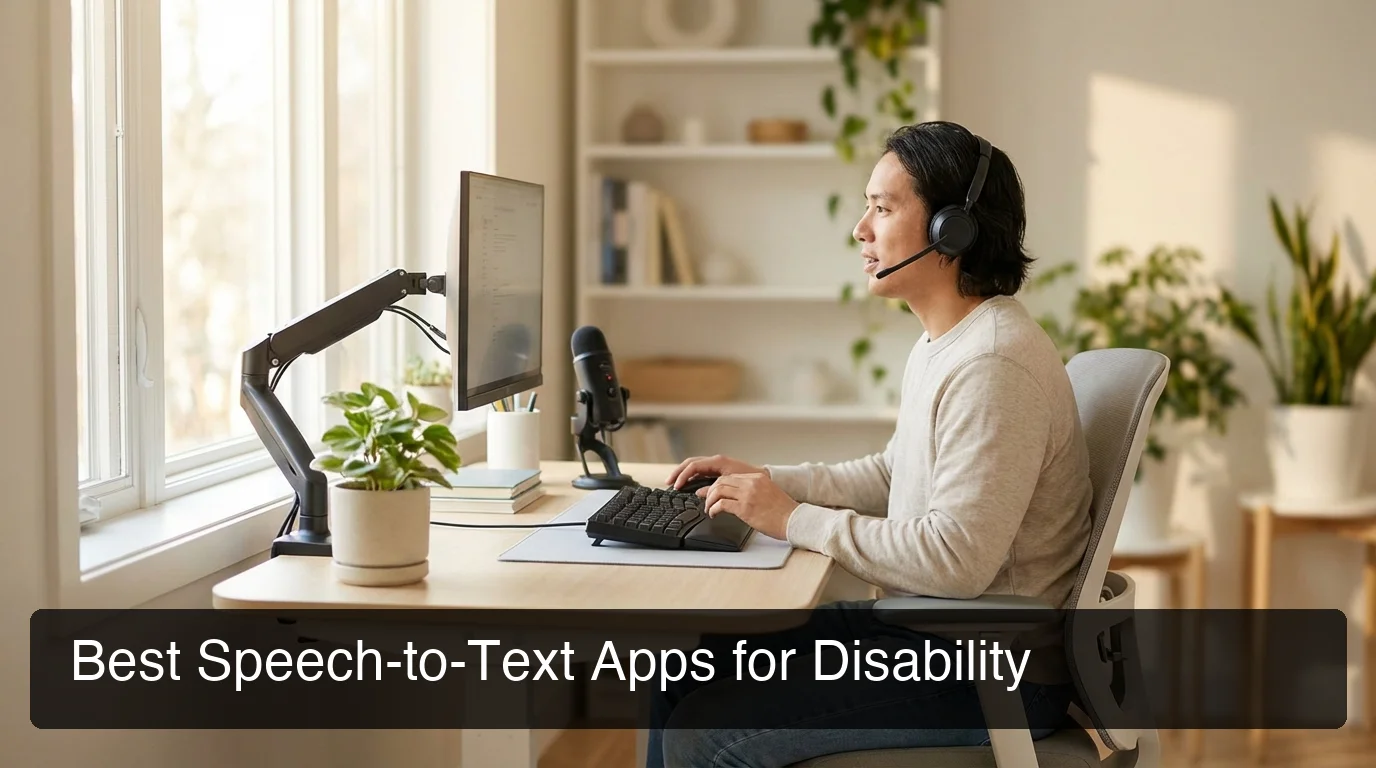 Accessible workspace with person using voice input on desktop computer, natural sunlight, ergonomic setup visible