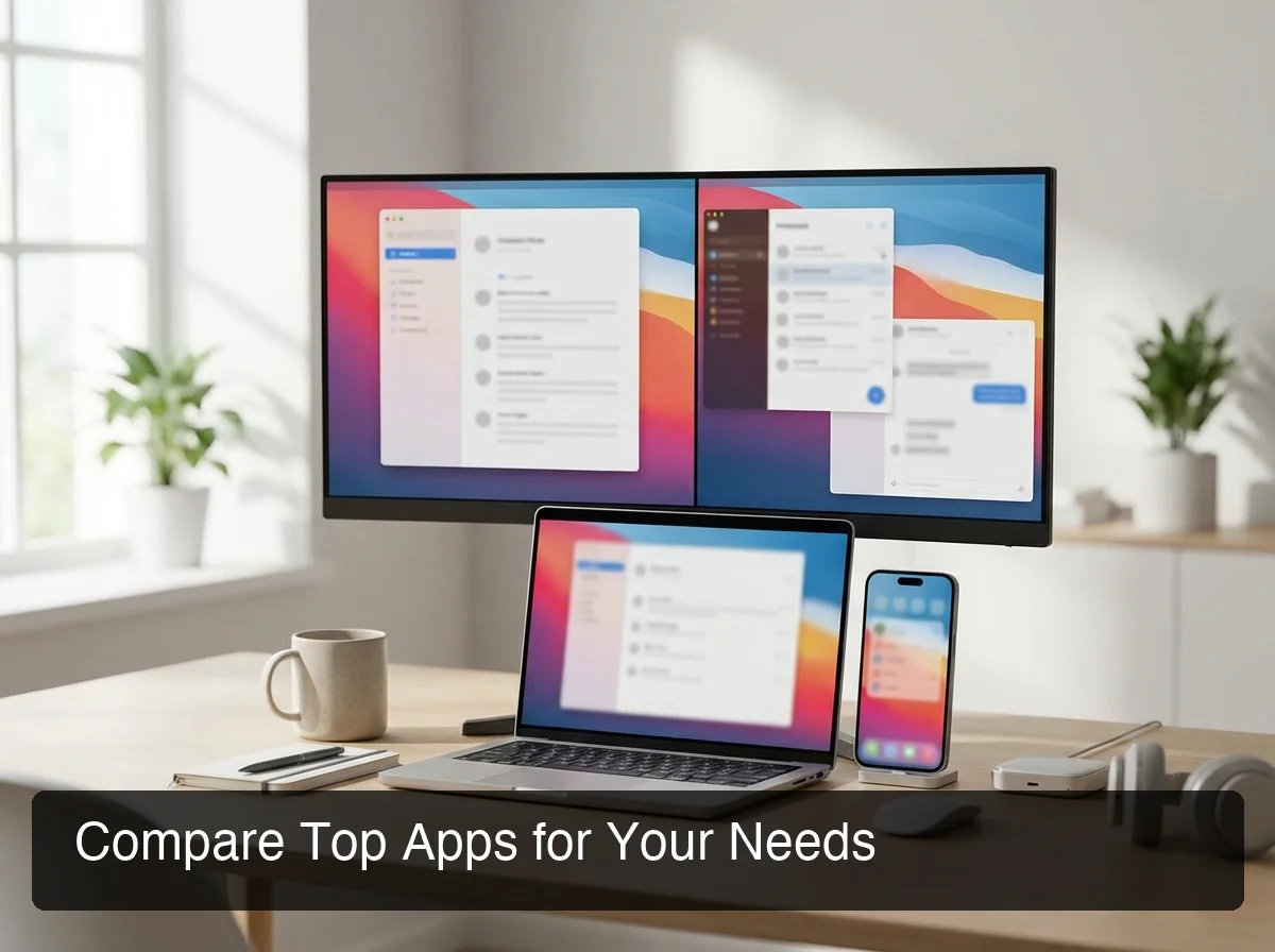 Split-screen showing multiple speech-to-text apps open on phone and desktop, modern workspace setup