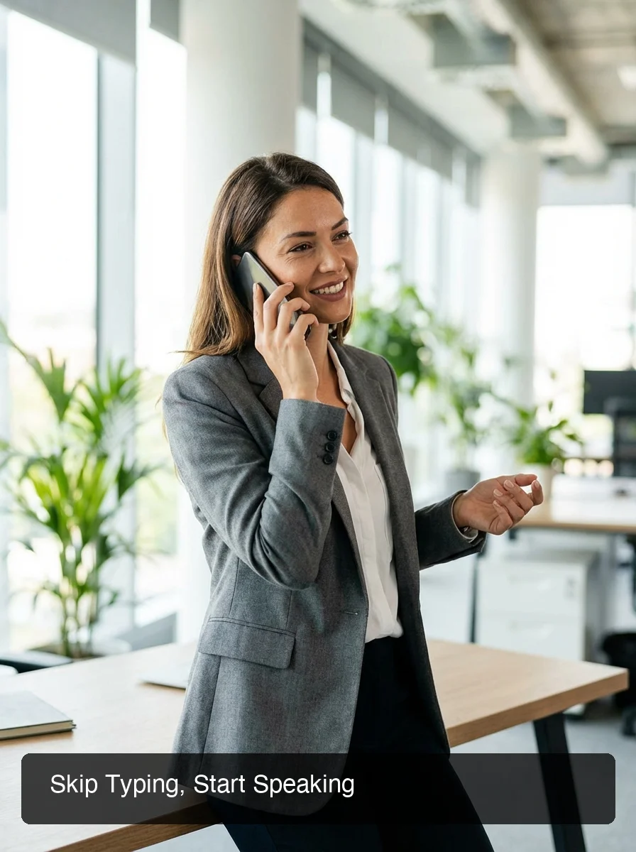 Person typing naturally with voice input, confident expression, modern office environment