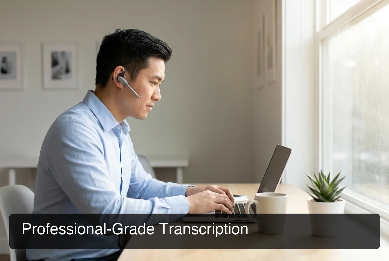 BossAI professional voice transcription showing real-world dictation workflow on Mac laptop