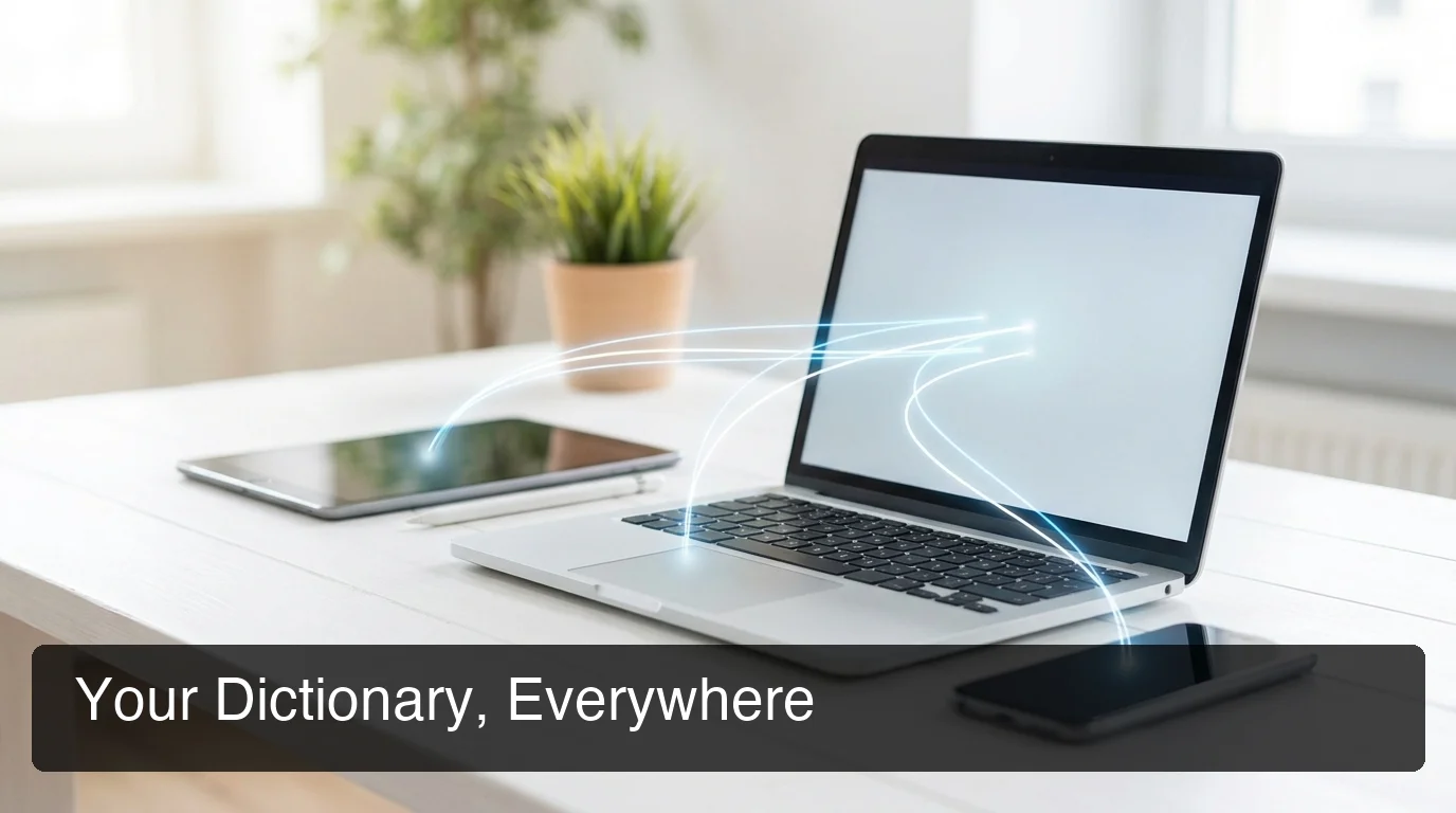 Multiple devices syncing BossAI custom dictionary across laptop, tablet, and phone automatically