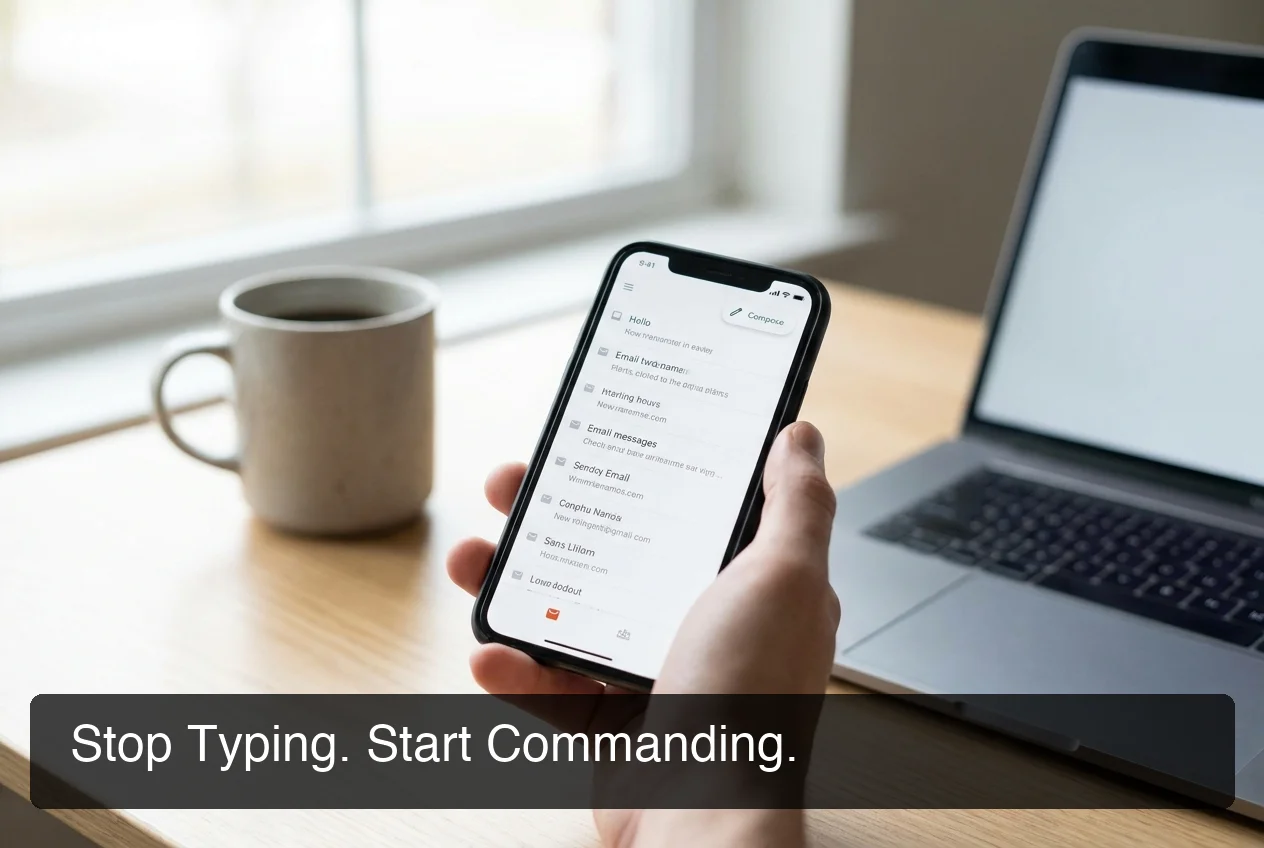 Hand holding iPhone with email open showing BossAI voice keyboard productivity workflow