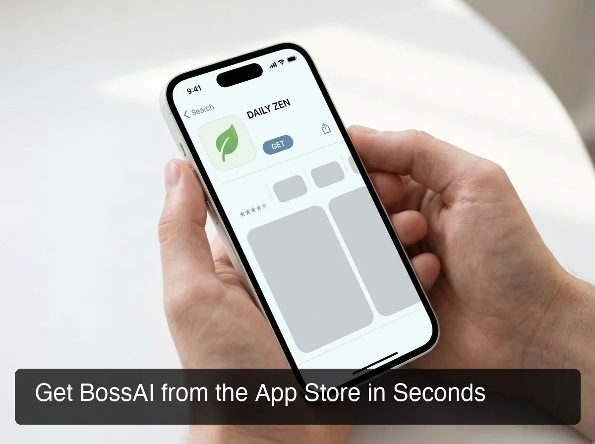 BossAI App Store page showing download and install flow for iOS