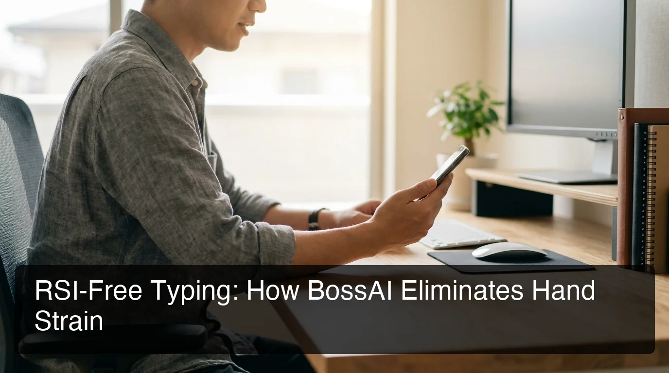 BossAI for RSI hero showing ergonomic voice dictation setup replacing keyboard typing