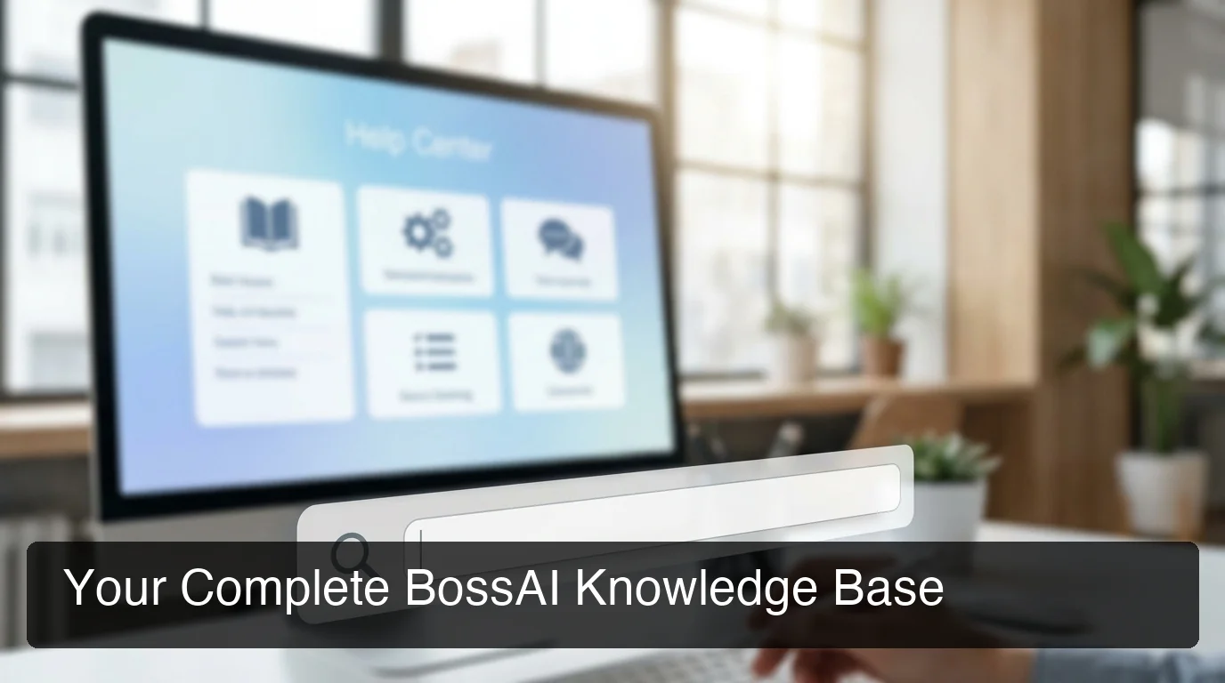 BossAI knowledge base help center with organized documentation tiles and search interface