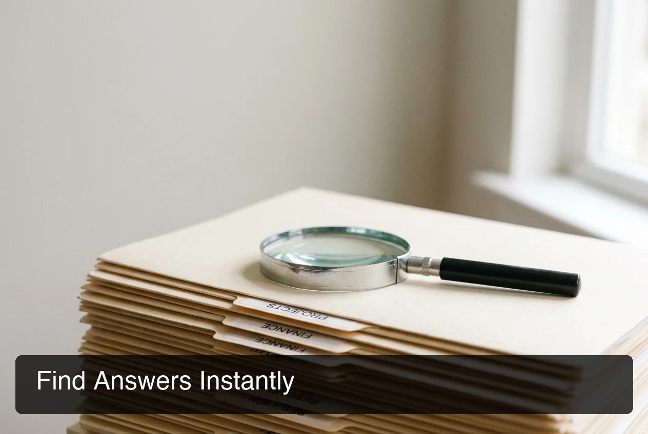 Magnifying glass focusing on organized knowledge folders representing BossAI help center navigation