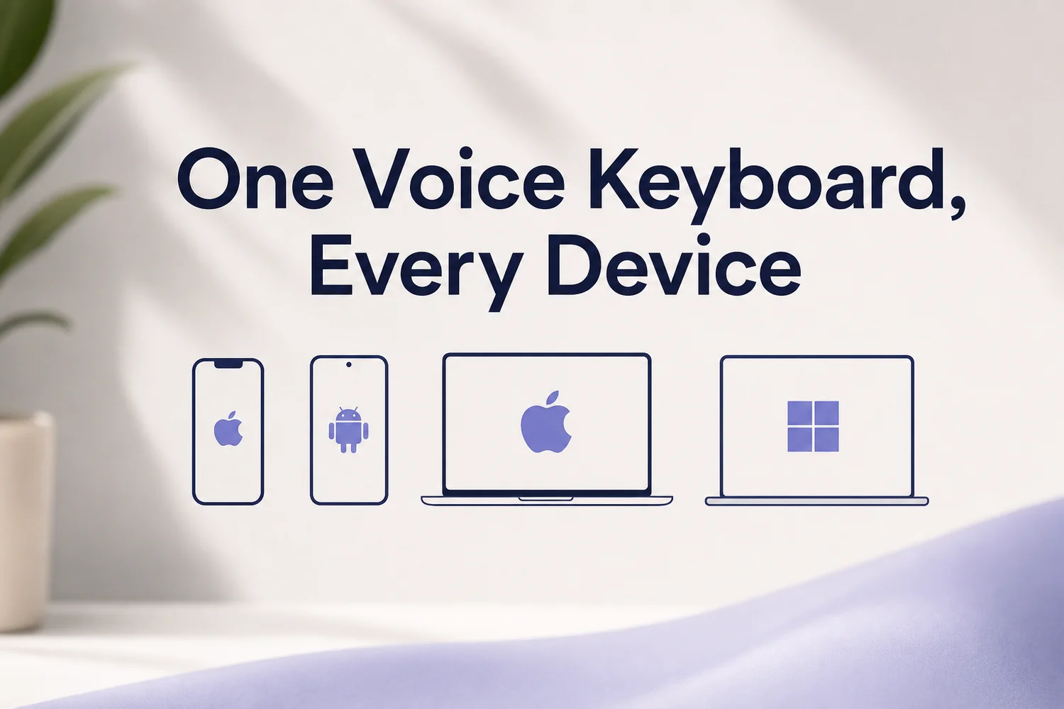 Line-style icons for iPhone, Android, MacBook and Windows laptop under the heading One Voice Keyboard, Every Device